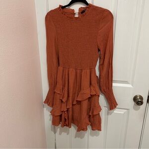 Rust Orange Long Sleeve Ruffle Dress